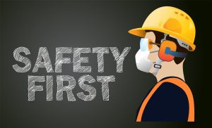 Illustrated man wearing workplace hazard safety equipment, construction concept, Yellow safety hard hat. Vector illustration