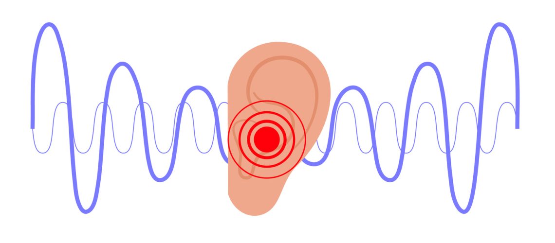 Tinnitus disease concept. Pain, inflammation in human ear. Symbol of earache, ringing and loud sounds in ears. Medical checkup of hearing organs, neurology problems treatment flat vector illustration.